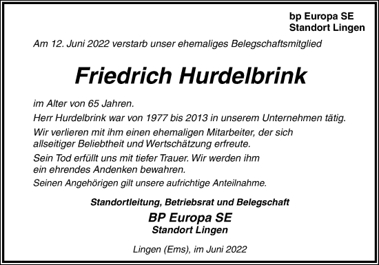 Traueranzeige von Friedrich Hurdelbrink von Neue Osnabrücker Zeitung GmbH & Co. KG