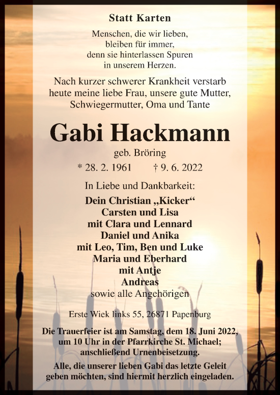 Traueranzeige von Gabi Hackmann von Neue Osnabrücker Zeitung GmbH & Co. KG