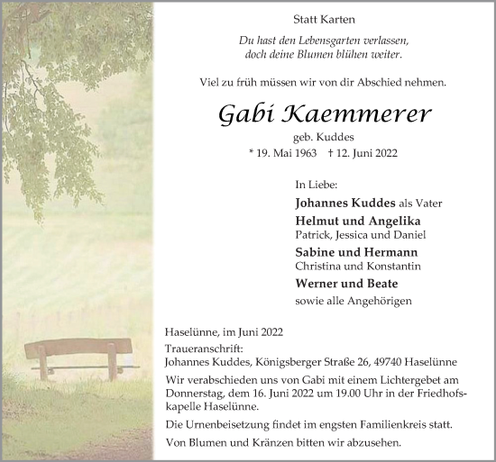 Traueranzeige von Gabi Kaemmerer von Neue Osnabrücker Zeitung GmbH & Co. KG
