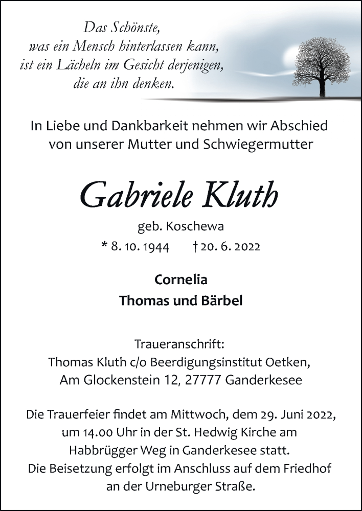  Traueranzeige für Gabriele Kluth vom 22.06.2022 aus DK Medien GmbH & Co. KG