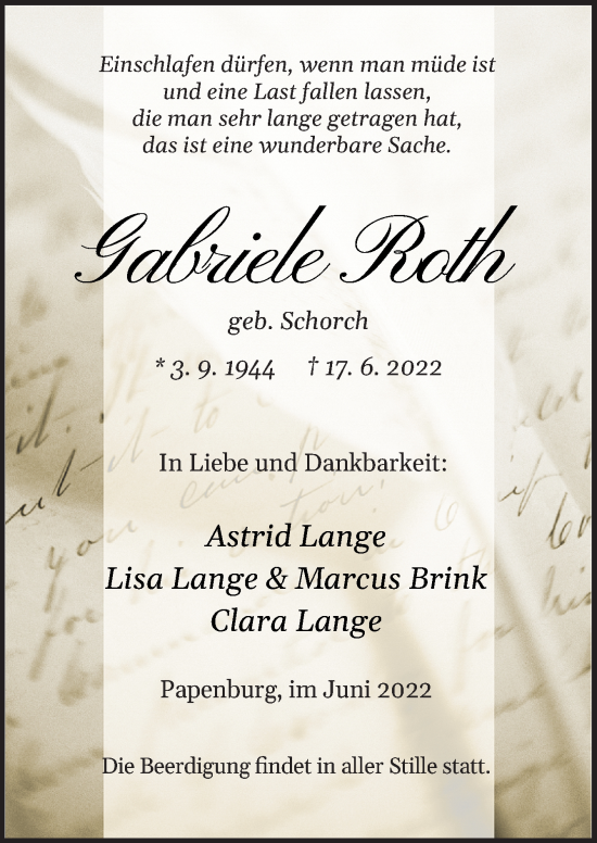 Traueranzeige von Gabriele Roth von Neue Osnabrücker Zeitung GmbH & Co. KG