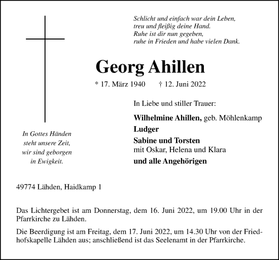 Traueranzeige von Georg Ahillen von Neue Osnabrücker Zeitung GmbH & Co. KG