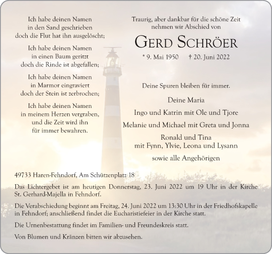 Traueranzeige von Gerd Schröer von Neue Osnabrücker Zeitung GmbH & Co. KG