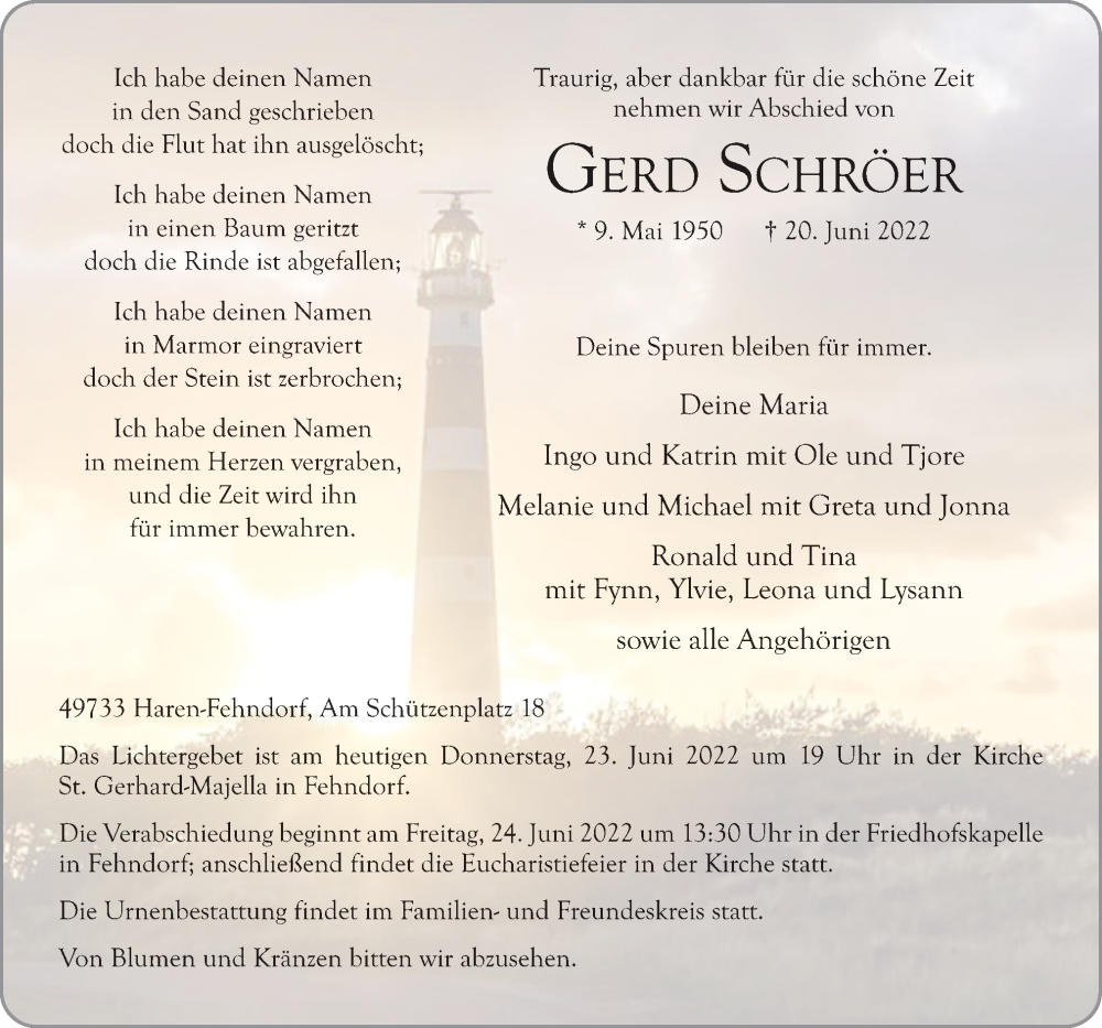  Traueranzeige für Gerd Schröer vom 23.06.2022 aus Neue Osnabrücker Zeitung GmbH & Co. KG