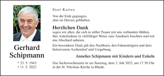 Traueranzeige von Gerhard Schipmann von Neue Osnabrücker Zeitung GmbH & Co. KG