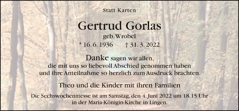  Traueranzeige für Gertrud Gorlas vom 01.06.2022 aus Neue Osnabrücker Zeitung GmbH & Co. KG