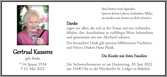 Traueranzeige von Gertrud Kassen von Neue Osnabrücker Zeitung GmbH & Co. KG