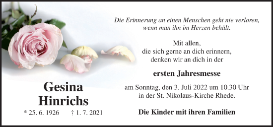 Traueranzeige von Gesina Hinrichs von Neue Osnabrücker Zeitung GmbH & Co. KG