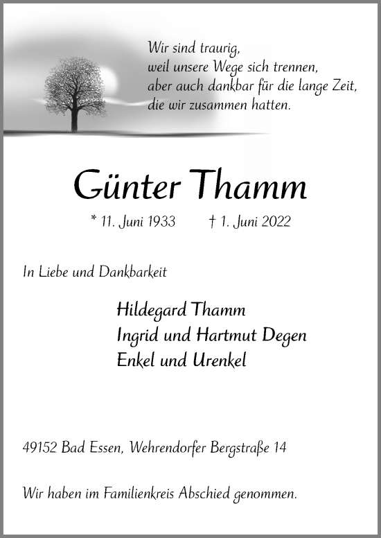Traueranzeige von Günter Thamm von Neue Osnabrücker Zeitung GmbH & Co. KG