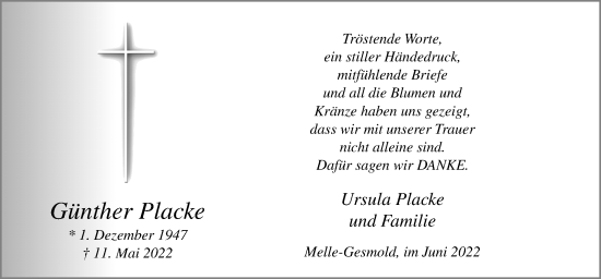 Traueranzeige von Günther Placke von Neue Osnabrücker Zeitung GmbH & Co. KG