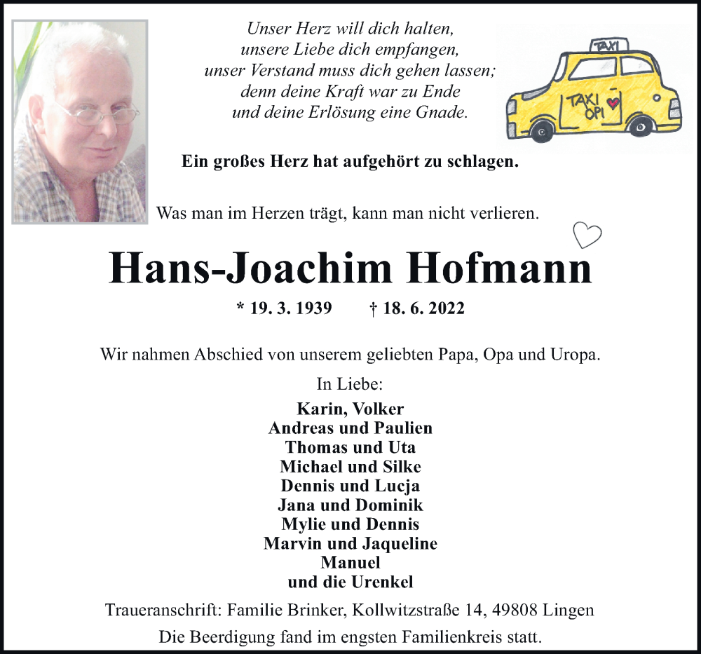  Traueranzeige für Hans-Joachim Hofmann vom 25.06.2022 aus Neue Osnabrücker Zeitung GmbH & Co. KG