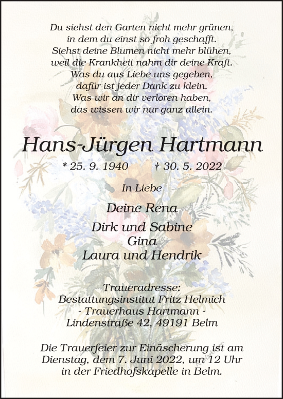 Traueranzeige von Hans Jürgen Hartmann von Neue Osnabrücker Zeitung GmbH & Co. KG