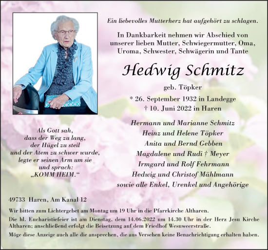 Traueranzeige von Hedwig Schmitz von Neue Osnabrücker Zeitung GmbH & Co. KG