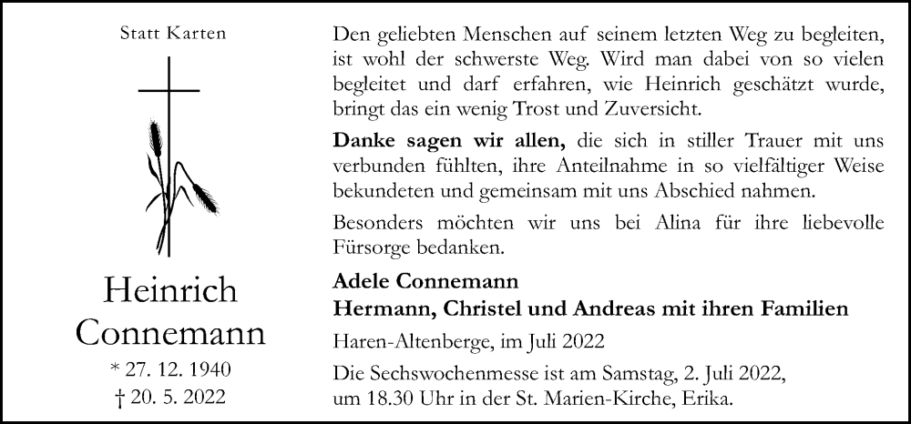  Traueranzeige für Heinrich Connemann vom 29.06.2022 aus Neue Osnabrücker Zeitung GmbH & Co. KG