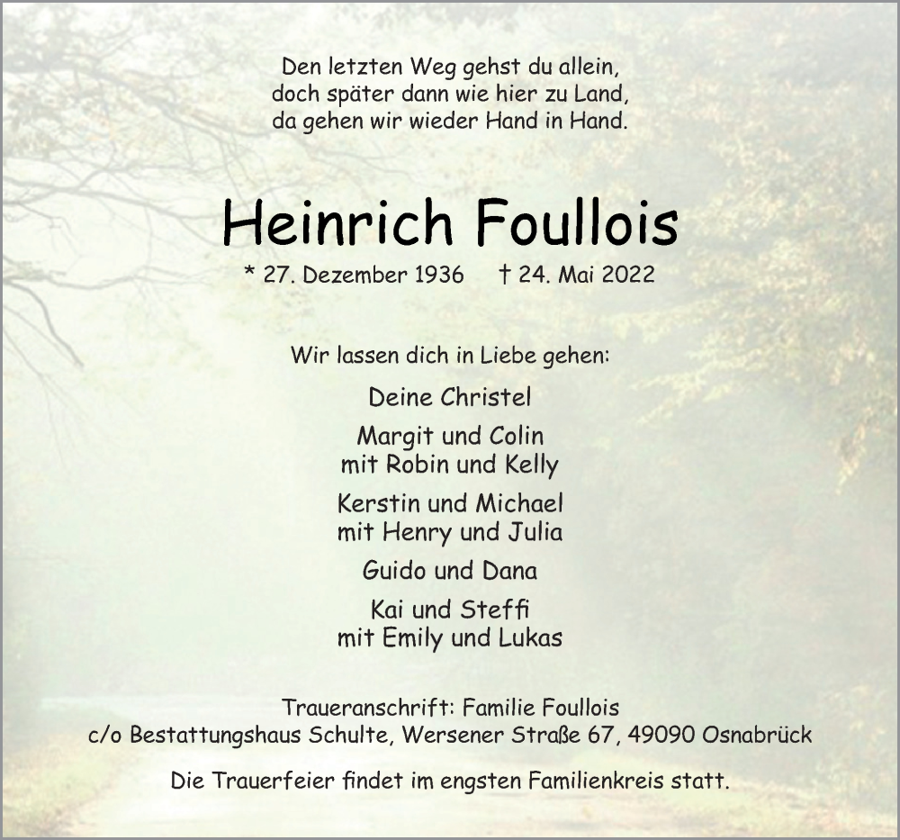  Traueranzeige für Heinrich Foullois vom 01.06.2022 aus Neue Osnabrücker Zeitung GmbH & Co. KG