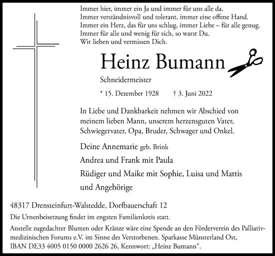Traueranzeige von Heinz Bumann von Neue Osnabrücker Zeitung GmbH & Co. KG
