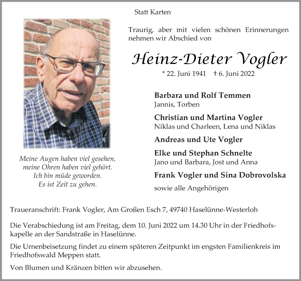 Traueranzeige für Heinz-Dieter Vogler vom 08.06.2022 aus Neue Osnabrücker Zeitung GmbH & Co. KG