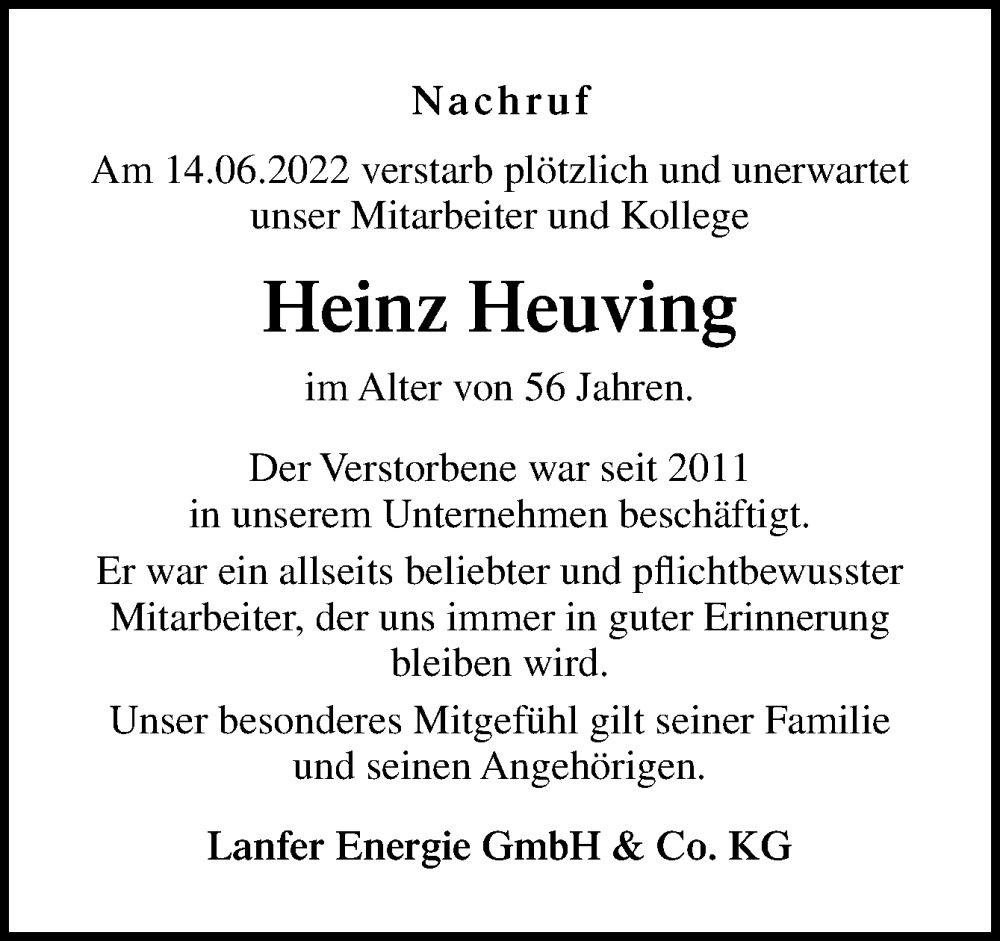  Traueranzeige für Heinz Heuving vom 24.06.2022 aus Neue Osnabrücker Zeitung GmbH & Co. KG