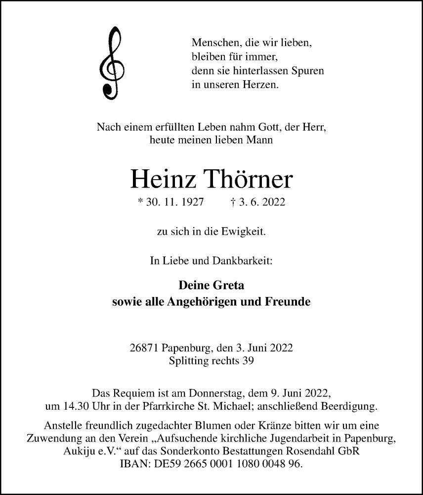  Traueranzeige für Heinz Thörner vom 04.06.2022 aus Neue Osnabrücker Zeitung GmbH & Co. KG