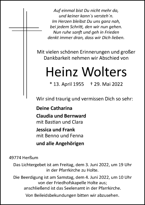 Traueranzeige von Heinz Wolters von Neue Osnabrücker Zeitung GmbH & Co. KG