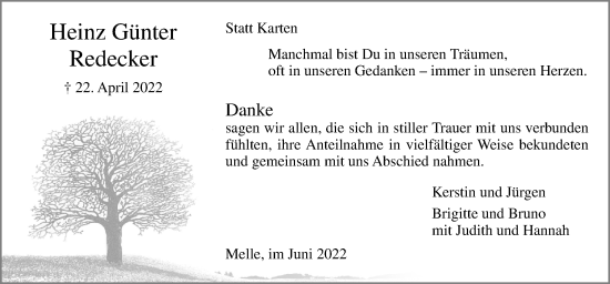 Traueranzeige von Heinz Günter Redecker von Neue Osnabrücker Zeitung GmbH & Co. KG