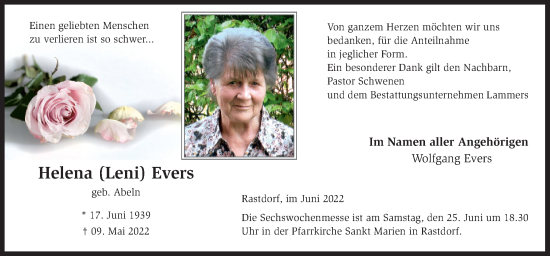 Traueranzeige von Helena Evers von Neue Osnabrücker Zeitung GmbH & Co. KG