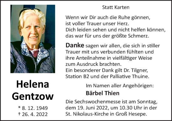 Traueranzeige von Helena Gentzow von Neue Osnabrücker Zeitung GmbH & Co. KG