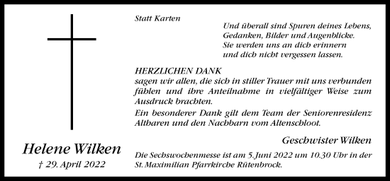 Traueranzeige von Helene Wilken von Neue Osnabrücker Zeitung GmbH & Co. KG