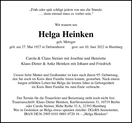 Traueranzeige von Helga Heinken von DK Medien GmbH & Co. KG