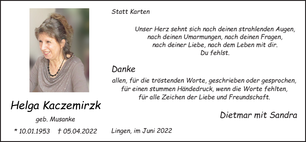  Traueranzeige für Helga Kaczemirzk vom 11.06.2022 aus Neue Osnabrücker Zeitung GmbH & Co. KG