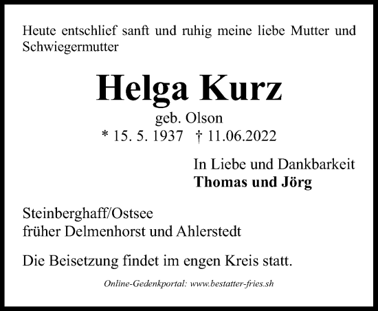 Traueranzeige von Helga Kurz von DK Medien GmbH & Co. KG