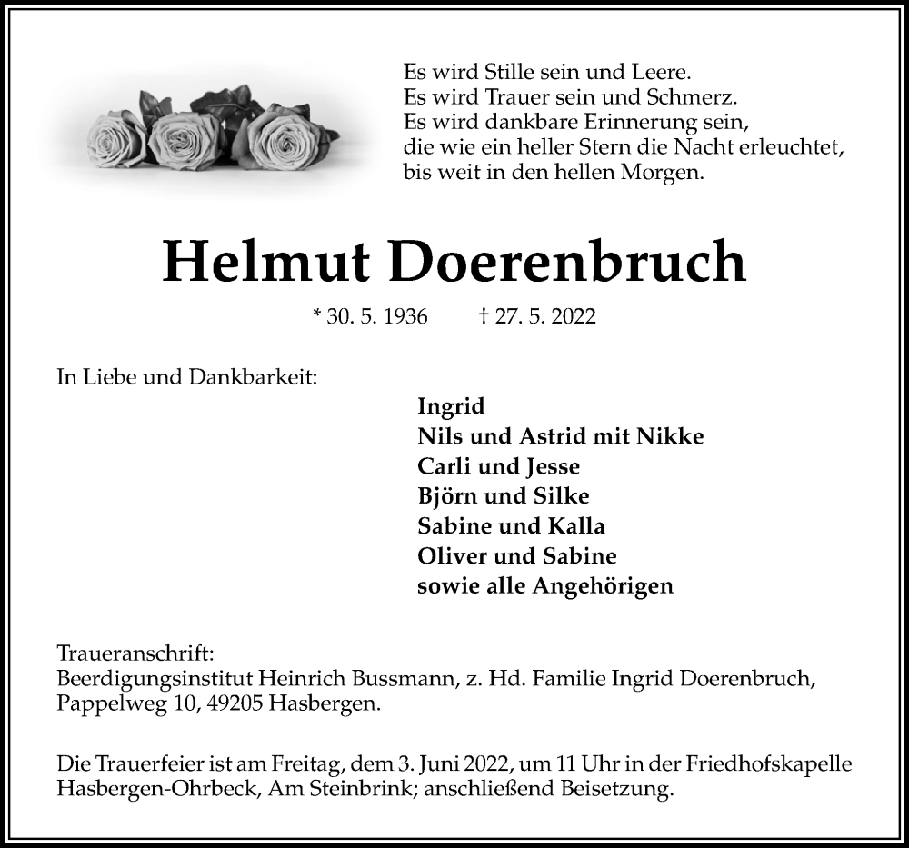  Traueranzeige für Helmut Doerenbruch vom 01.06.2022 aus Neue Osnabrücker Zeitung GmbH & Co. KG