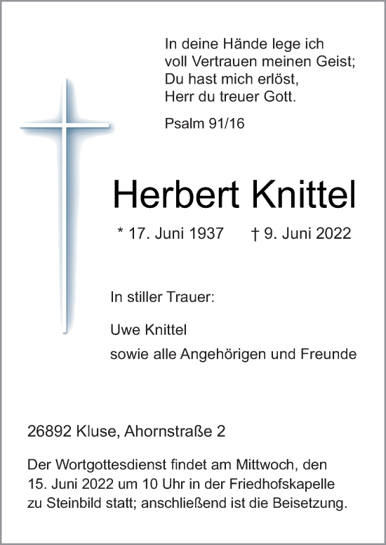 Traueranzeige von Herbert Knittel von Neue Osnabrücker Zeitung GmbH & Co. KG