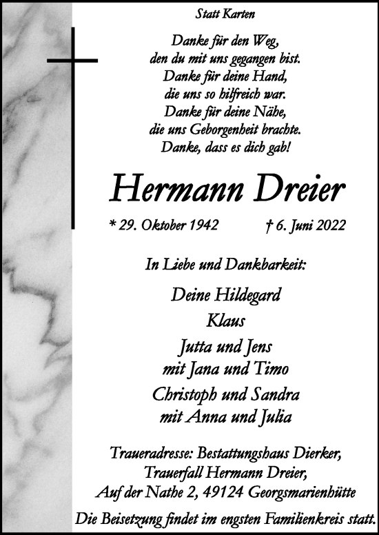 Traueranzeige von Hermann Dreier von Neue Osnabrücker Zeitung GmbH & Co. KG