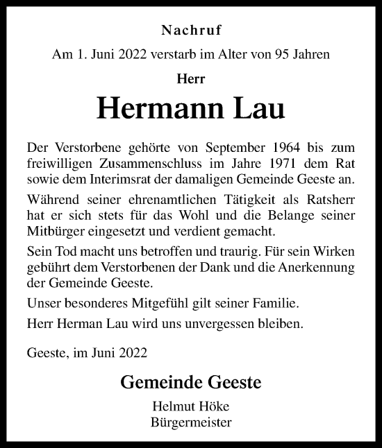 Traueranzeige von Hermann Lau von Neue Osnabrücker Zeitung GmbH & Co. KG