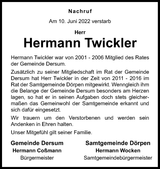 Traueranzeige von Hermann Twickler von Neue Osnabrücker Zeitung GmbH & Co. KG