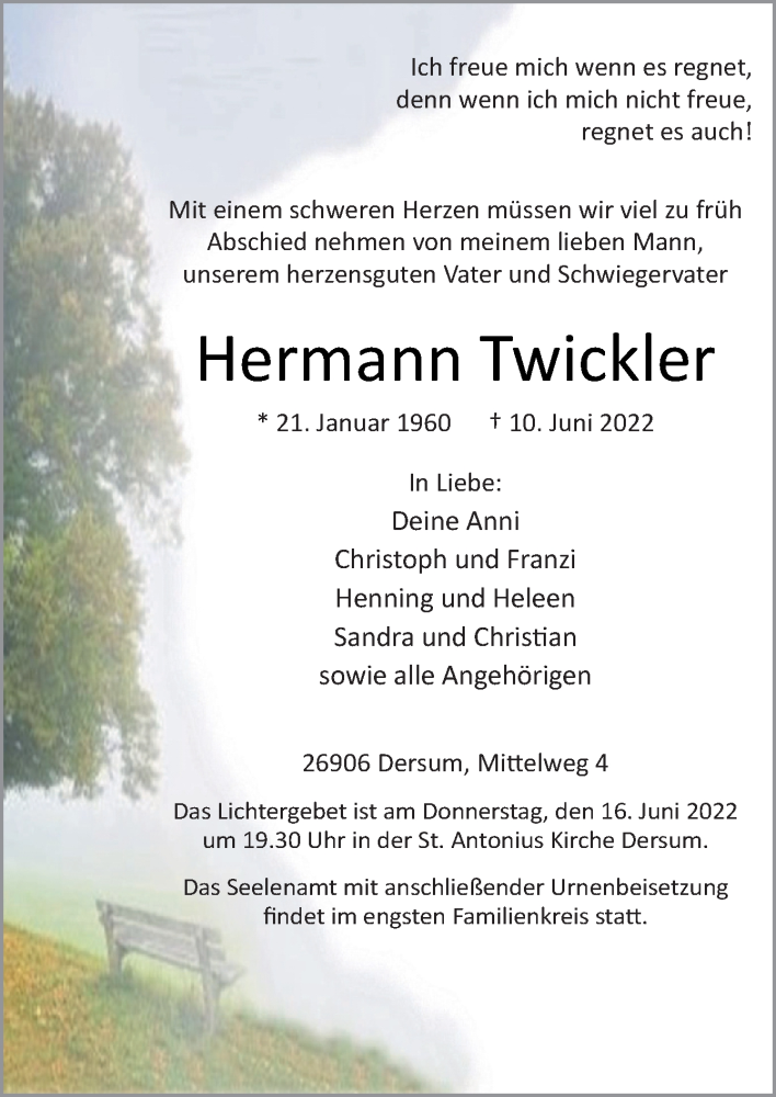  Traueranzeige für Hermann Twickler vom 13.06.2022 aus Neue Osnabrücker Zeitung GmbH & Co. KG