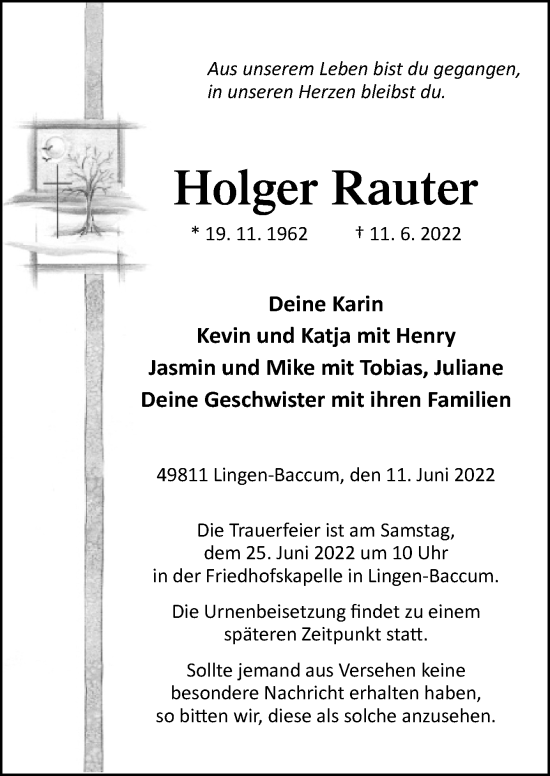 Traueranzeige von Holger Rauter von Neue Osnabrücker Zeitung GmbH & Co. KG