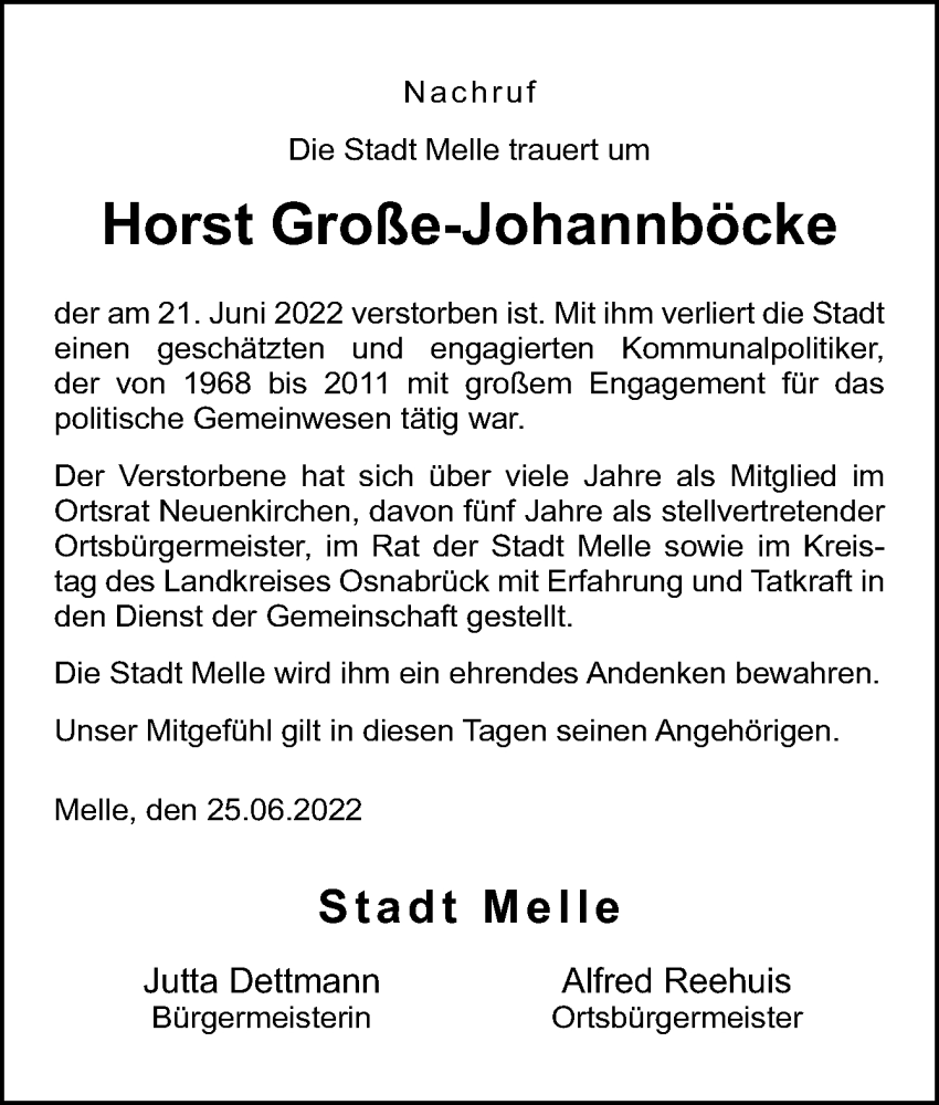  Traueranzeige für Horst Große-Johannböcke vom 25.06.2022 aus Neue Osnabrücker Zeitung GmbH & Co. KG