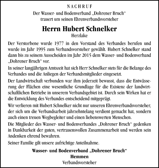 Traueranzeige von Hubert Schnelker von Neue Osnabrücker Zeitung GmbH & Co. KG