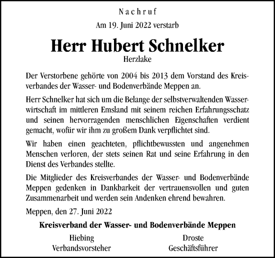 Traueranzeige von Hubert Schnelker von Neue Osnabrücker Zeitung GmbH & Co. KG