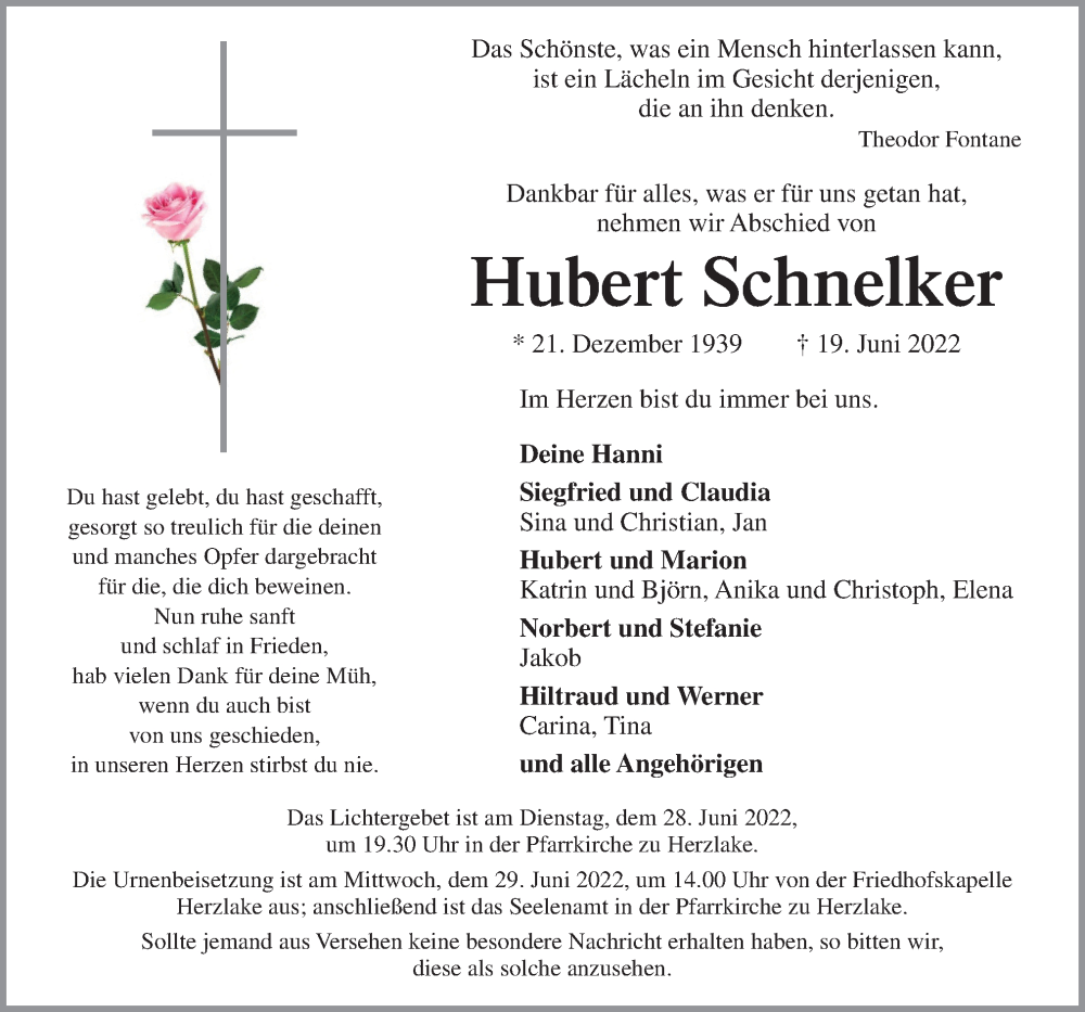  Traueranzeige für Hubert Schnelker vom 25.06.2022 aus Neue Osnabrücker Zeitung GmbH & Co. KG