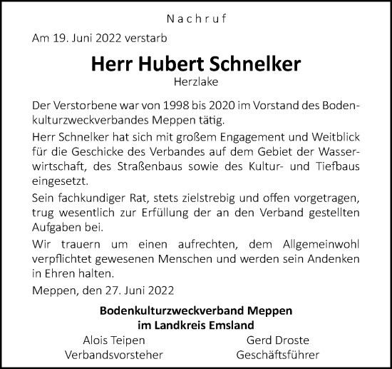 Traueranzeige von Hubert Schnelker von Neue Osnabrücker Zeitung GmbH & Co. KG