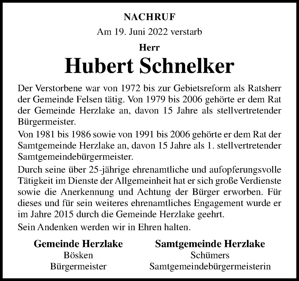  Traueranzeige für Hubert Schnelker vom 27.06.2022 aus Neue Osnabrücker Zeitung GmbH & Co. KG