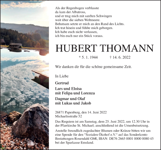Traueranzeige von Hubert Thomann von Neue Osnabrücker Zeitung GmbH & Co. KG