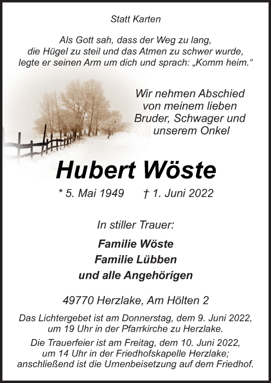 Traueranzeige von Hubert Wöste von Neue Osnabrücker Zeitung GmbH & Co. KG