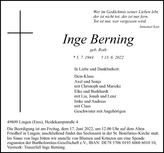 Traueranzeige von Inge Berning von Neue Osnabrücker Zeitung GmbH & Co. KG