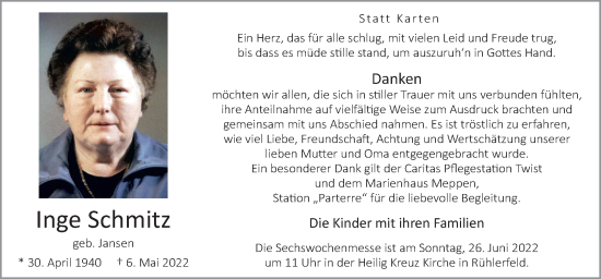 Traueranzeige von Inge Schmitz von Neue Osnabrücker Zeitung GmbH & Co. KG