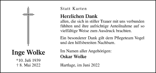 Traueranzeige von Inge Wolke von Neue Osnabrücker Zeitung GmbH & Co. KG