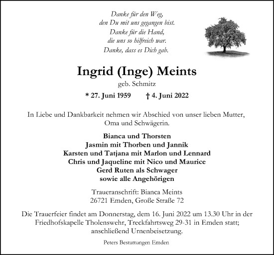 Traueranzeige von Ingrid Meints von Neue Osnabrücker Zeitung GmbH & Co. KG